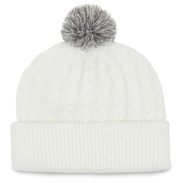 Bonnet Cable Knit Pom Pom White Grey